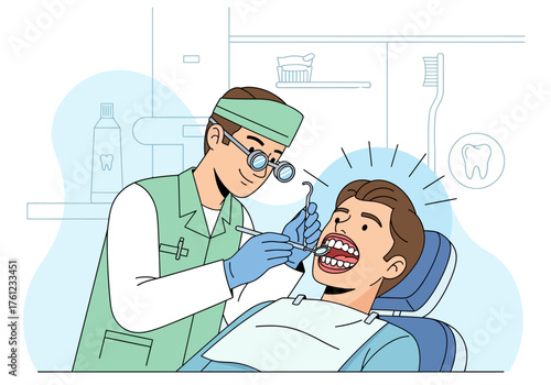 A male dentist in uniform examining a patient's open mouth with dental tools in a clinic.
