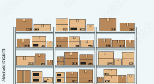 Illustration of a warehouse storage rack filled with various cardboard boxes.