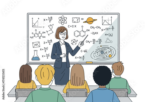 A female teacher in a suit points to a whiteboard filled with scientific diagrams and equations while students sit at desks.
