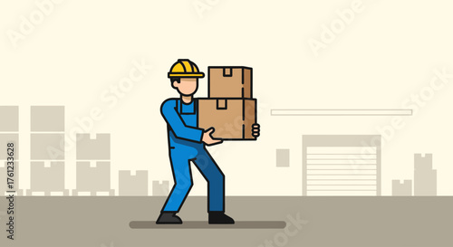 A worker in blue overalls and a yellow hard hat carries two cardboard boxes.
