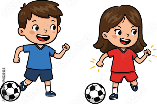 Two cartoon children playing soccer, colorful uniforms, joyful sports moment, kicking action, teamwork, outdoor activity, athletic pose, motion, energy, fun