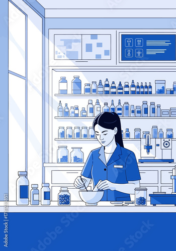 Female pharmacist mixing ingredients in a modern pharmacy or laboratory setting, surrounded by medical supplies.