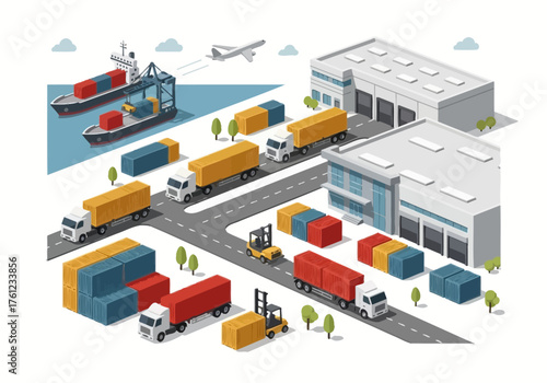 Isometric illustration of a logistics hub with warehouses, trucks, cargo ships, and containers representing global supply chain management.