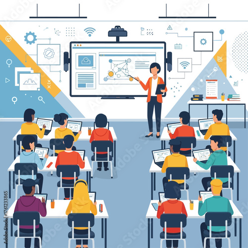 A teacher instructs students in a modern classroom equipped with interactive technology and individual devices.
