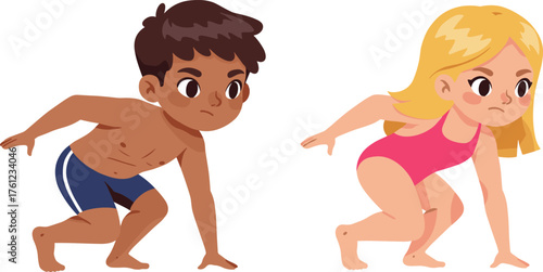 Two cartoon children preparing to race, athletic stance, swimwear, focused expressions, motion, energy, competition, outdoor activity, dynamic pose, white background
