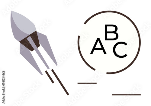 Rocket soaring towards a circular alphabet design symbolizing progress, learning, and achievement. Ideal for innovation, education, goals, creativity, future, ambition inspiration simple flat