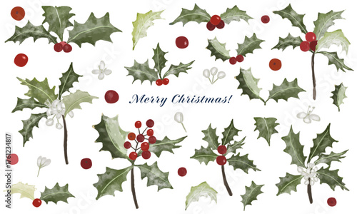 手描き水彩風クリスマスホーリー＆ベリーのエレガントな装飾パーツ・フレーム素材セット