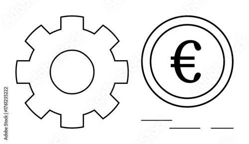 Gear icon next to euro coin representing financial mechanisms, economy, productivity, or engineering. Ideal for finance, economics, efficiency, business process, manufacturing system optimization