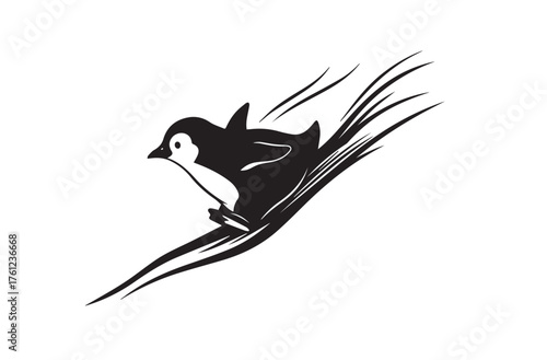 Black and white graphic illustration of a penguin sliding down a slope with stylized motion lines speed.