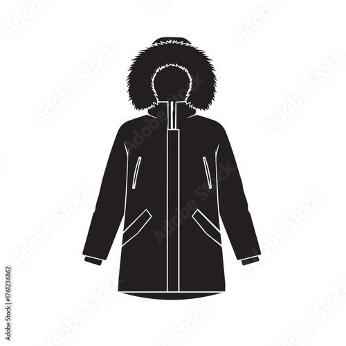 Black parka jacket with fur lined hood and pockets isolated on white background coat winter clothing