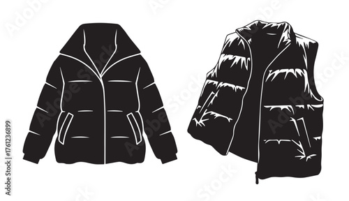 Black Puffer Jacket and Puffer Vest Isolated on White Background Vector Illustration winter clothing