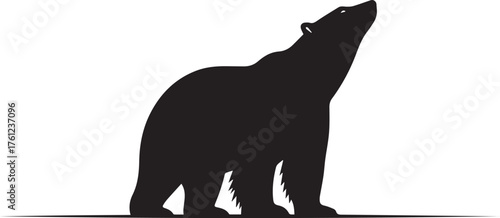 Black silhouette of a polar bear standing on its hind legs looking upwards against a white background.