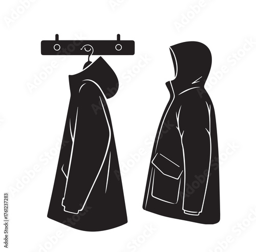 Black silhouette of two hooded parkas one hanging on a wall hook and one standing jacket hooded jacket