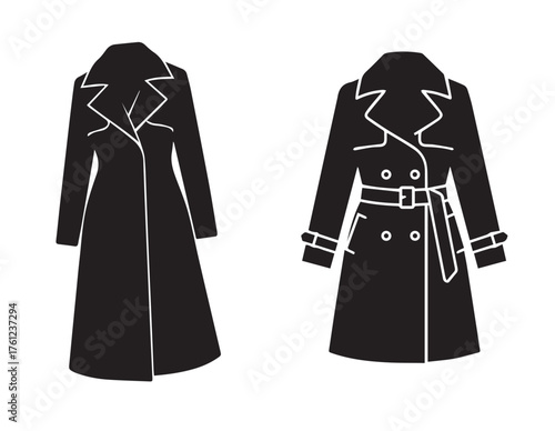 Black silhouette of two women's trench coats one long and one shorter with belt and buttons women's fashion