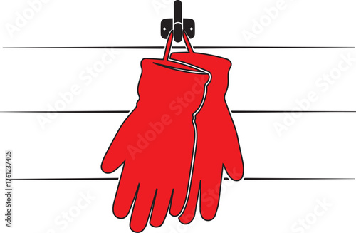 Pair of bright red oven mitts hanging on a black hook against a white background with horizontal lines