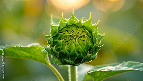 Close-up of an unopened sunflower bud, illuminated by soft sunlight