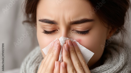 Portrait of a woman with a cold, sneezing and wiping her nose and snot with a napkin.