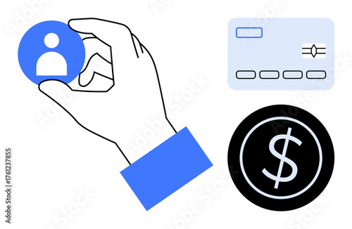 Hand holding user profile icon, credit card chip, and dollar coin represent finance, identity, and technology. Ideal for payment, e-wallet, banking, online security transactions digital economy