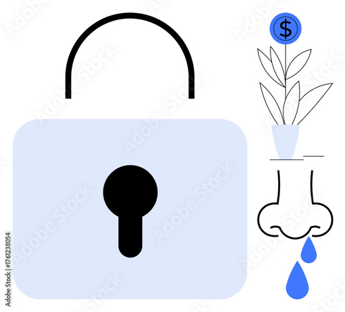 A large lock signifies security, a growing plant with a dollar symbol indicates financial growth, and a nose with water drops represents wellness and challenges. Ideal for security, finance