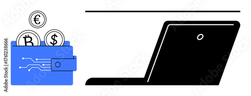 Digital wallet holding Bitcoin, Euro, Dollar coins next to a laptop. Ideal for digital payment, cryptocurrency, online banking, ecommerce, blockchain fintech secure transaction. Simple flat