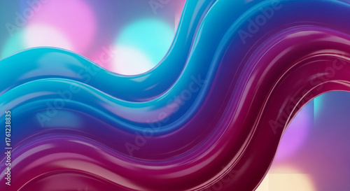 Iridescent, glossy waves vibrant blue and deep purple swirl and flow, with soft, blurred bokeh lights in the, creating magical and futuristic aesthetic