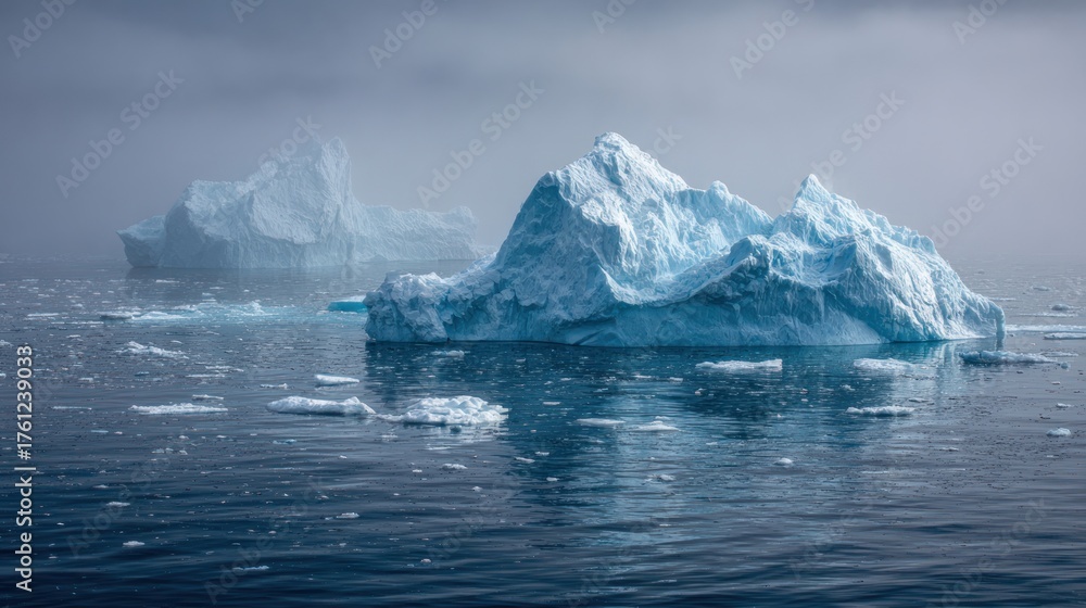 Fototapeta premium Icebergs float peacefully on a calm, dark sea under a hazy, overcast sky, creating a serene scene