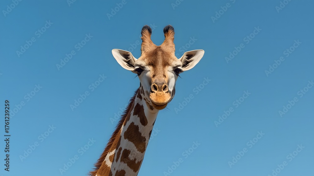 Fototapeta premium Charming close-up portrait of a giraffe standing tall against a clear blue sky, highlighting its expressive face, distinctive patterns, long elegant neck, and the gentle wildlife character that embodi
