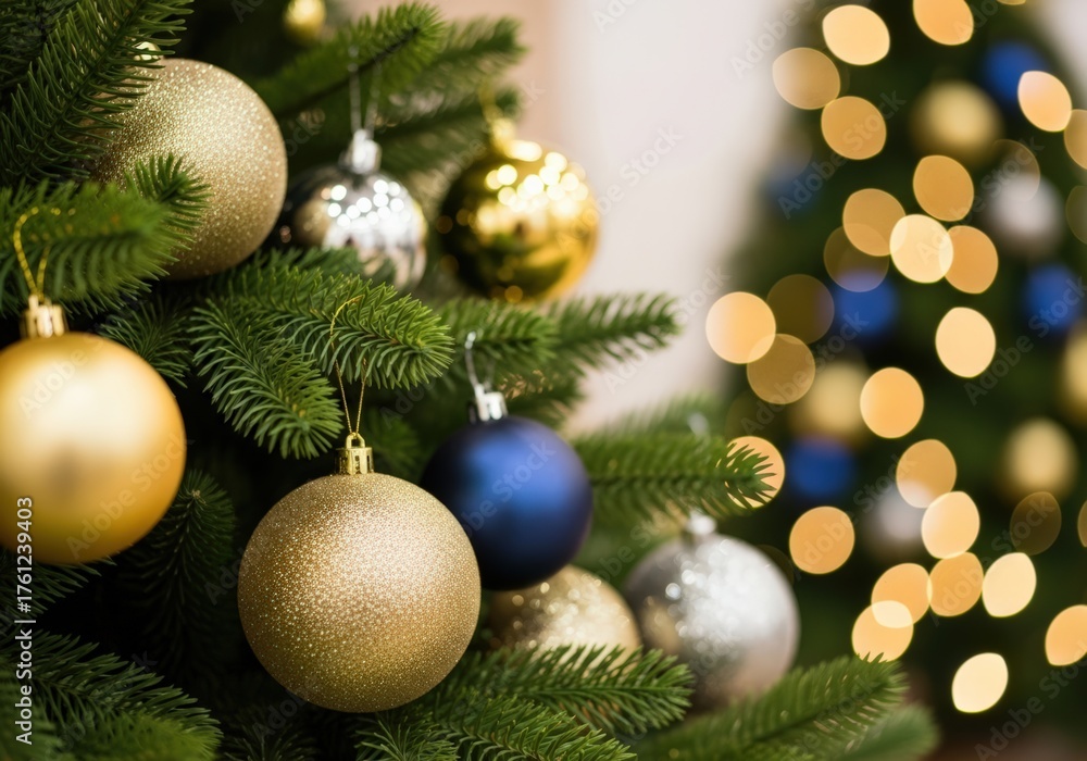 Fototapeta premium Christmas tree decorated with gold, silver, and blue ornaments