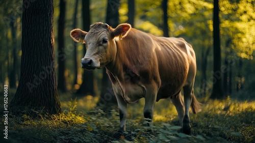 Cow Grazing in a Sunny Forest Clearing, Majestic Cattle amidst Nature's Beauty