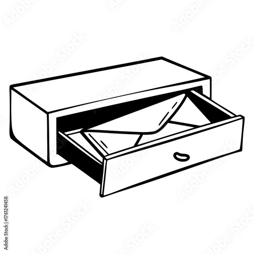 Drawered cabinet with opened drawer and letters inside  