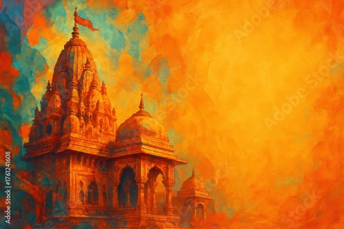 Colorful background with abstract temple in Indian style.