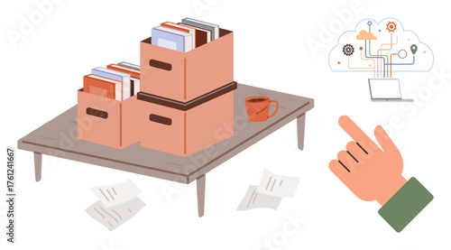 Boxes of documents on table with scattered papers, a cup, hand pointing to cloud-based digital network. Ideal for data organization, digital shift, archiving, cloud storage, office workflow
