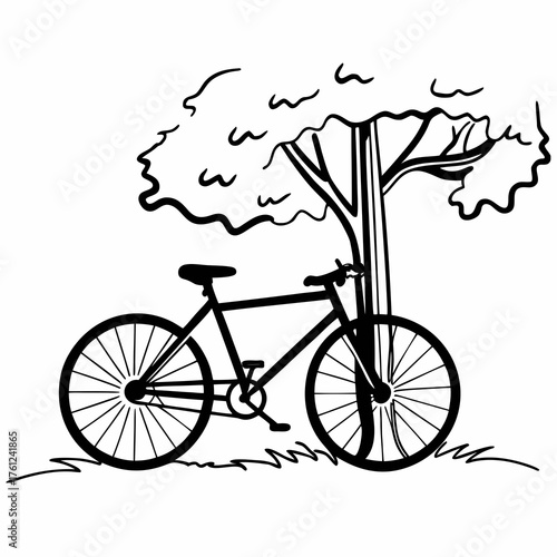 Bicycle parked beside tree in grassy area with outline style  