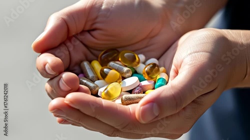 Close-up of Hands Holding Assorted Pills and Capsules, Healthcare Concept