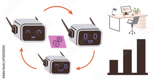Robots interacting in a circular process, gears symbolizing automation, office desk setup, and bar chart. Ideal for technology, innovation, productivity, AI, teamwork efficiency digital