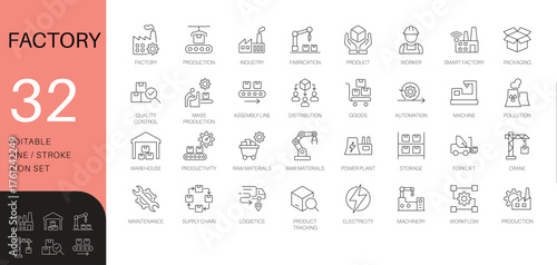 Factory and manufacturing line icon set. Thin line vector symbols for production, automation, and supply chain. Includes robotics and smart factory icons.