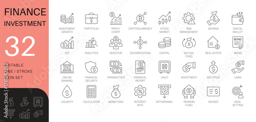 Finance and investment line icon set. Thin line vector symbols for stock market, cryptocurrency, and online banking. Includes portfolio and ROI icons.