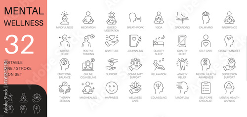 Mental wellness and mindfulness line icon set. Thin line vector symbols for therapy, self-care, and meditation. Includes online counseling icons.