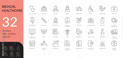 Medical and healthcare line icon set. Thin line vector symbols for hospital, doctor, and pharmacy. Includes telemedicine and vaccination icons.
