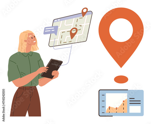 Woman holding tablet, viewing map with location pins, analytics dashboard, and speech bubble. Ideal for navigation, technology, travel, business analysis data tracking GPS digital tools. Simple