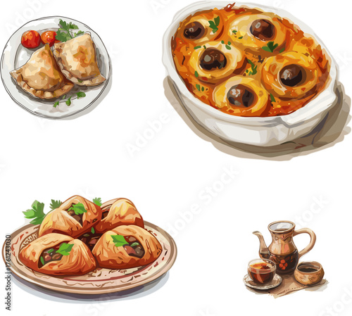 set Polish cuisine and Portuguese cuisine in color style, set of international cuisine