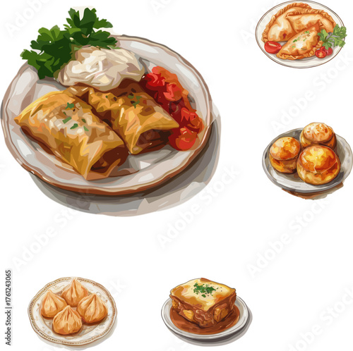 set of Polish cuisine and Portuguese cuisine, set of international cuisine in color style