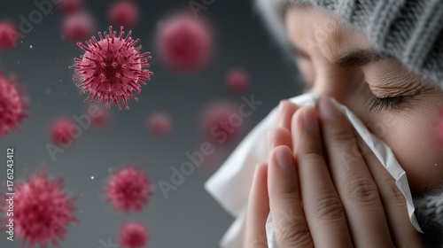 Person sneezing during virus outbreak against the background of bacteria