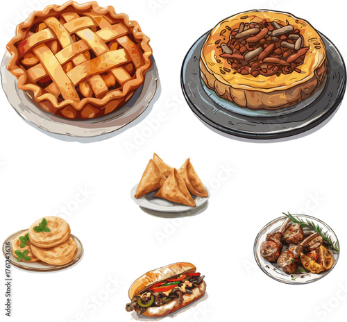 set of american cuisine mix argentina cuisine in color style 