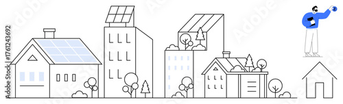 Residential and commercial buildings with solar panels, trees, and minimalistic design. Man holding a planet element focuses on sustainability. Ideal for eco-awareness, clean energy, urban planning