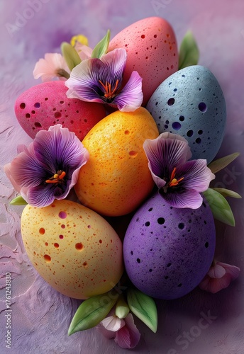 Easter colorful eggs on textured background.