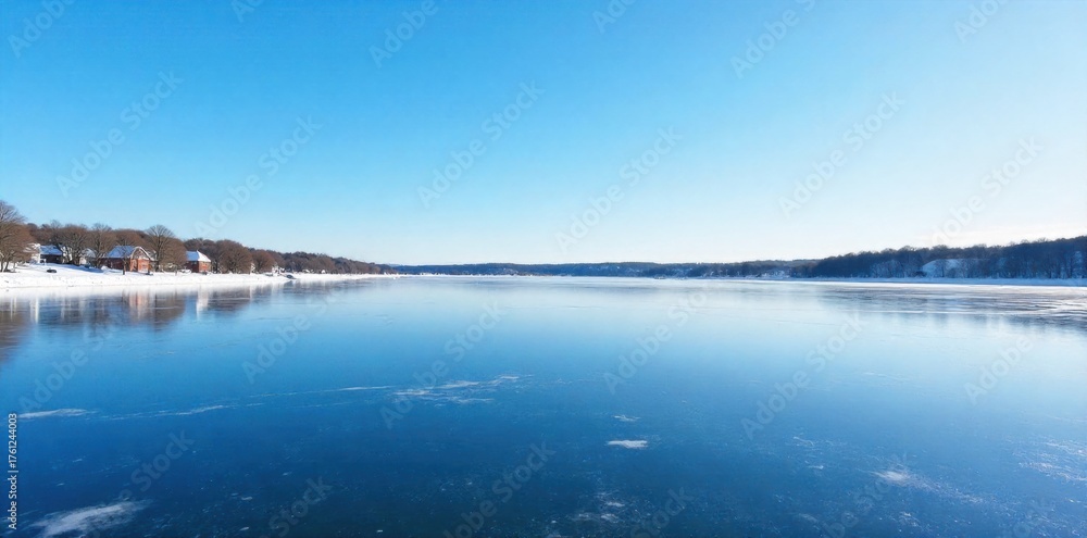 Fototapeta premium Rideau Canal Skating Rink, Winter Serenity A wide, frozen expanse of the Rideau Canal in Ottawa, Canada, during a clear, sunny winter day. The ice is smooth and reflects the bright blue sky and