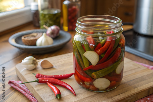 A rustic home style photo of home made pickled chili peppers in a clear glass jar 