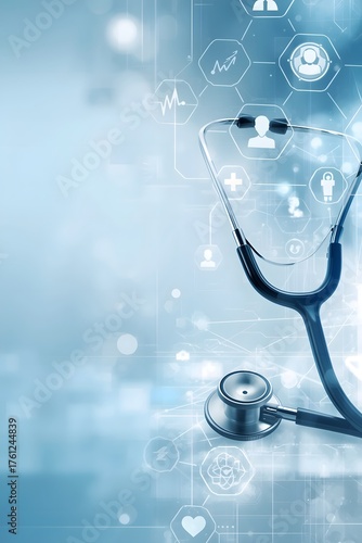 Modern stethoscope on blue digital background with medical technology icons representing healthcare innovation, telemedicine, diagnostics, and futuristic data network in clinical environment