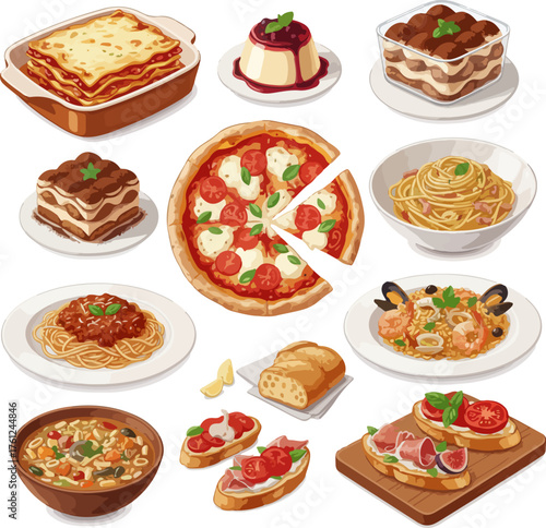 various Italian dishes, including lasagna, pizza, pasta, tiramisu, panna cotta, seafood, soup, and bruschetta